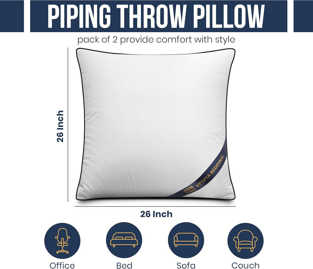 Utopia Bedding Throw Pillow Inserts - Decorative 26 x 26 Inch White Pillows for Sofa & Bed | Pack of 2