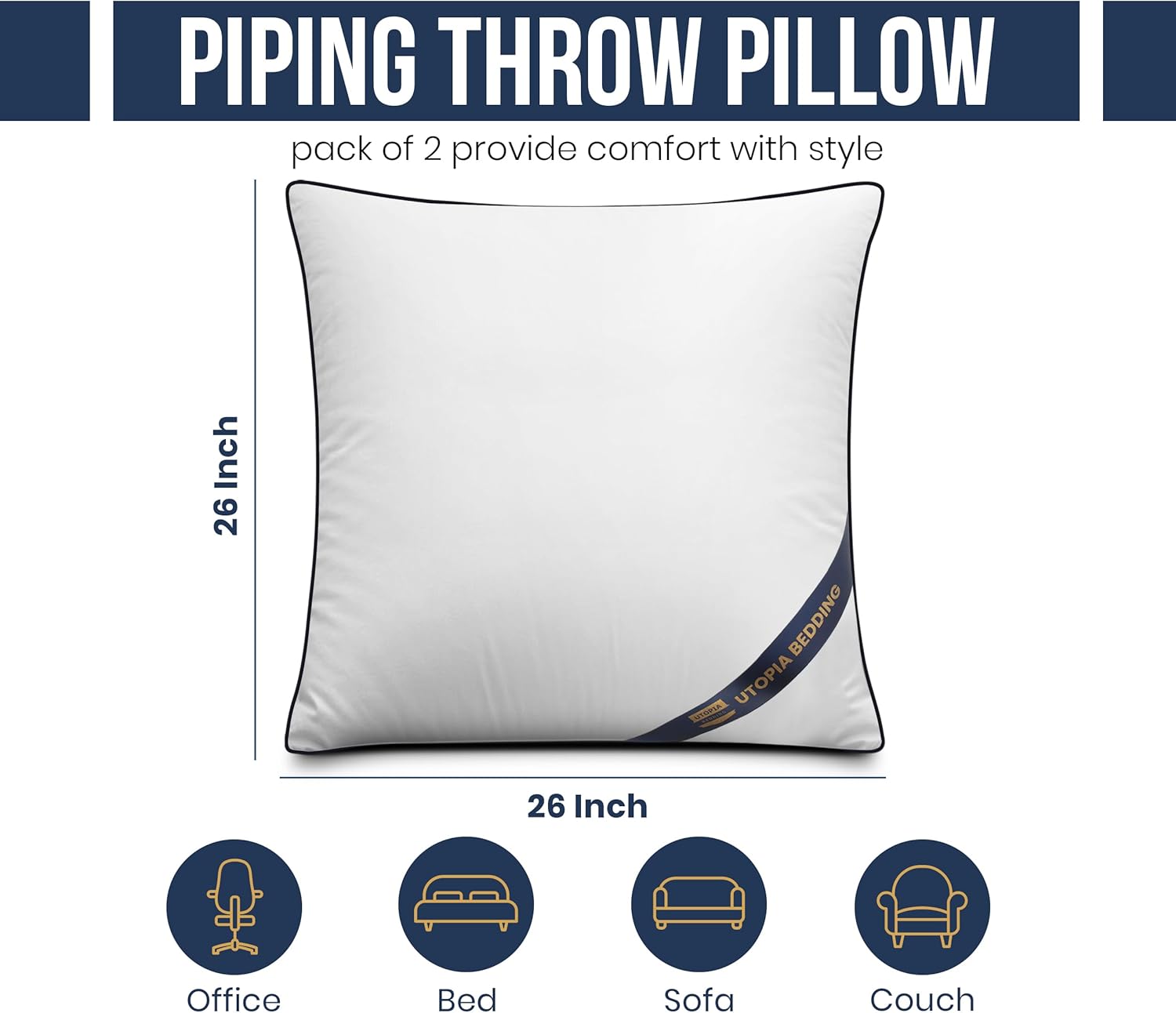 Utopia Bedding Throw Pillow Inserts - Decorative 26 x 26 Inch White Pillows for Sofa & Bed | Pack of 2