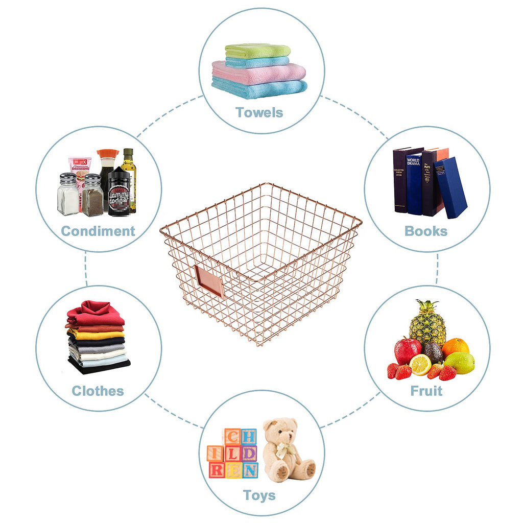 JUNCHU CHERRY 4 Pack【Extra Large】 Wire Handmade Storage Basket for Organizing Household Goods,Pantry Organization,Bathroom countertop,Laundry,Wardrobe Storage Basket,Rose Gold