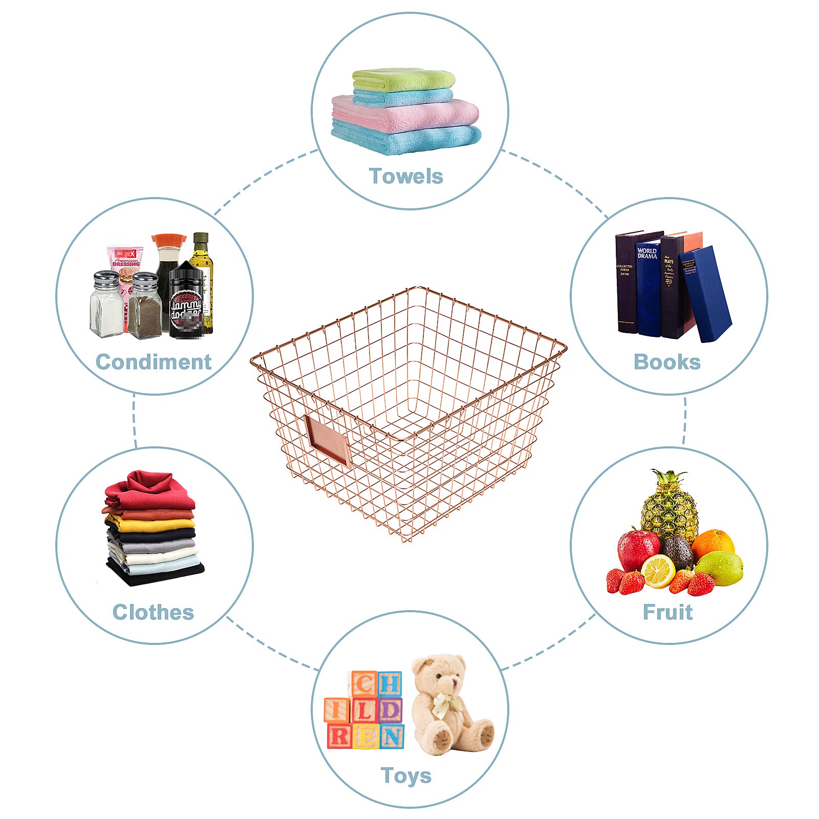 JUNCHU CHERRY 4 Pack【Extra Large】 Wire Handmade Storage Basket for Organizing Household Goods,Pantry Organization,Bathroom countertop,Laundry,Wardrobe Storage Basket,Rose Gold