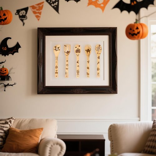 5 Pcs Halloween Kitchen Utensils Wooden Spoons Set-（with Aprons）Kitchen Cooking Utensils Set,Suitable for Home Halloween Kitchen Decor or Home Baking Championship-Gift-Ready