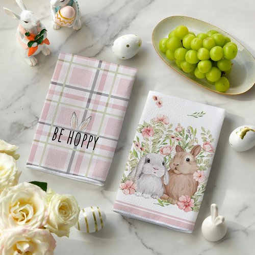 Artoid Mode Pink Bunny Rabbit Ears Floral Leaves Easter Kitchen Towels Dish Towels, 18x26 Inch Be Kind Seasonal Decoration Hand Towels Set of 4