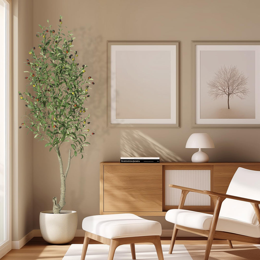 GarveeHome Faux Olive Tree 6 ft, Olive Trees Artificial Indoor with White Planter, Artificial Silk Plants with Green Leaves and Big Fruits for Home Office DéCor Living Room Bedroom Stairs Foyer,1 Pack