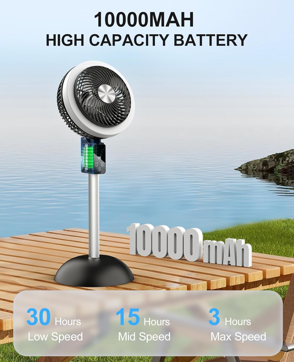 Skiennix Portable Standing Fan - 10000mAh Rechargeable Battery | 90°+120° Oscillation, 8 Speeds, Adjustable Height