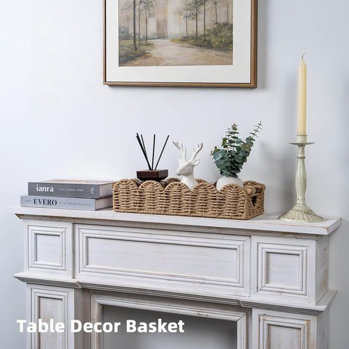 CubesLand Bathroom Basket Organizer - Scalloped Wicker Storage Tray with Cut-Out Handle | Neutral Color