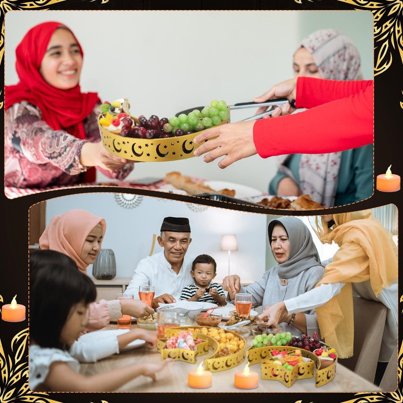 Seeloowy 4 Pcs Eid Mubarak Trays Decor Ramadan Moon Serving Trays Star Islam Muslim Food Serving Tray Iron Tray Decorations for Ramadan Islam Party Dessert Pastry Display Holder Decoration