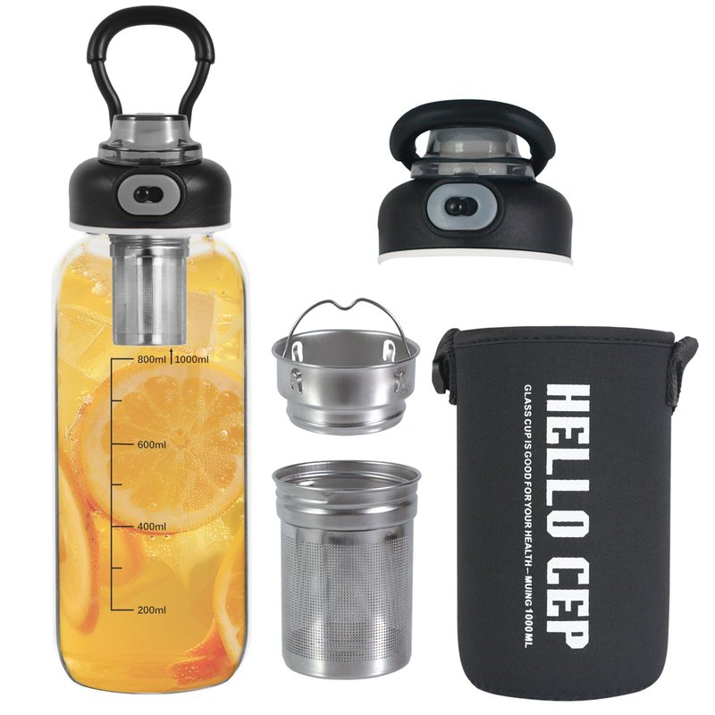 wangsdjy 34oz Glass Water Bottle with capacity Mark & Stainless Steel Tea Strainer-Large Capacity for Hot/Cold Drinks,Coffee,Tea,and Water-Includes Protective Sleeve,Perfect for Home,Office (34oz)