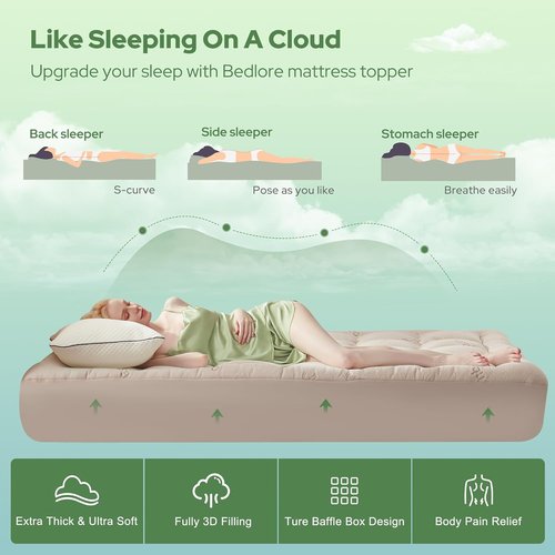 BEDLORE Twin Mattress Topper - Soft Bamboo Viscose Pillow Top for Back Pain Relief | Fits 6"-15" Mattresses - Beige