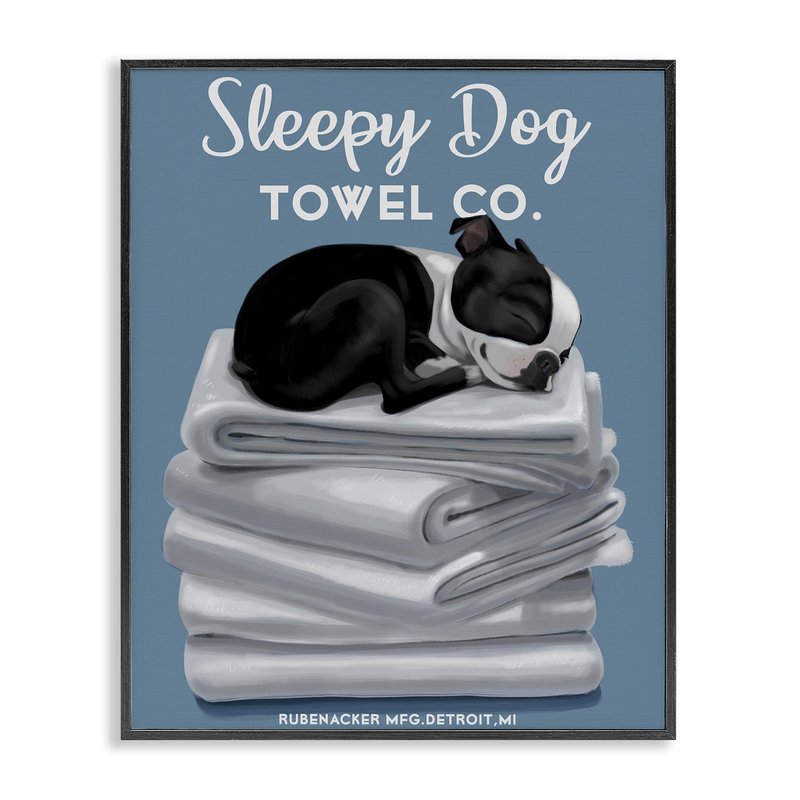 Stupell Industries Sleepy Dog Towel Co. Adorable Boston Terrier Bathroom, Design by Brian Rubenacker Black Framed Wall Art, 16 x 20, Blue