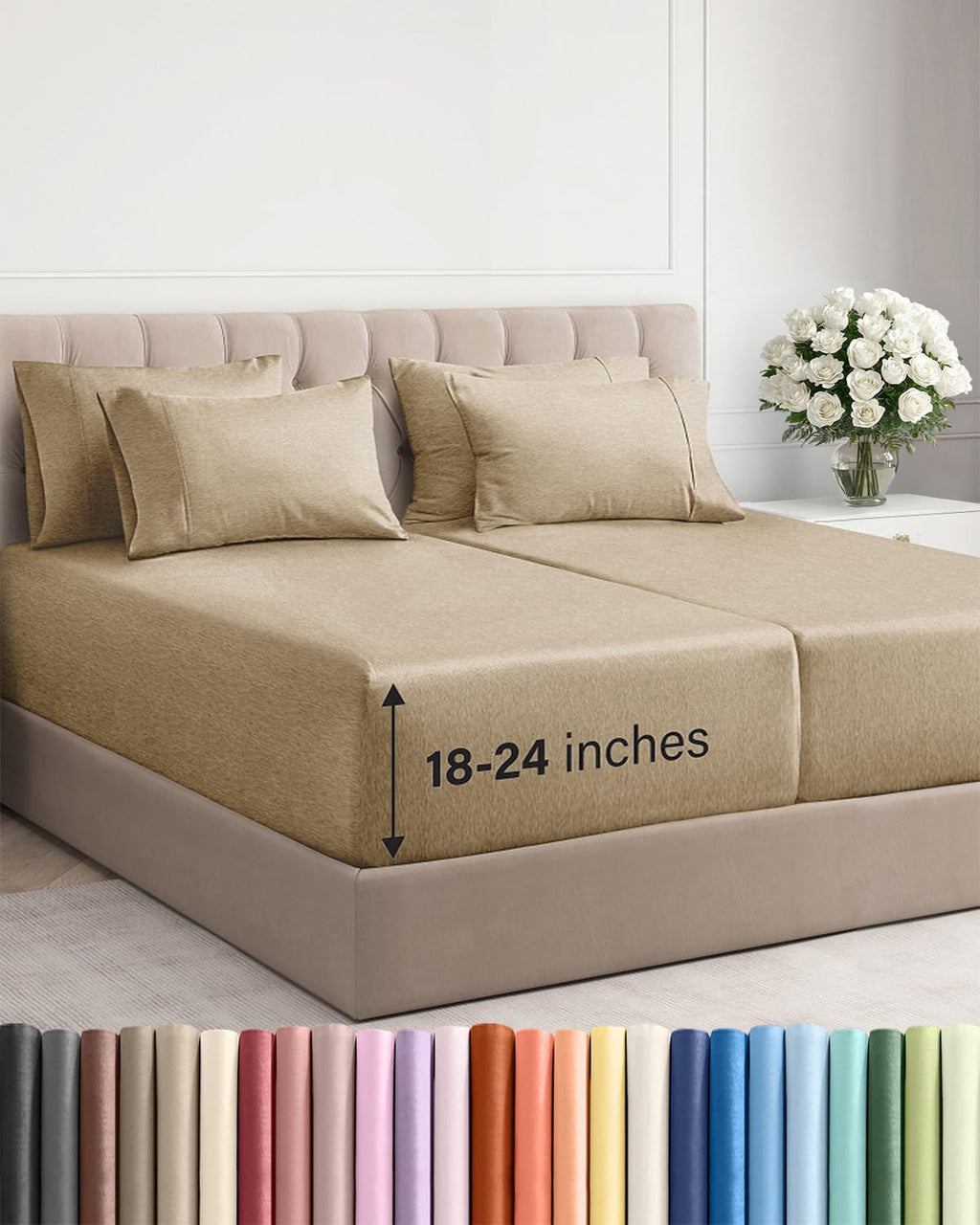 Skiennix Extra Deep Split King Sheet Set - 7 Piece Cooling Bedding - Soft, Wrinkle-Free, Easy Fit - Heathered Tan