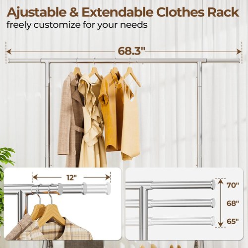 HYSEYY Heavy Duty Clothes Rack - 450 LBS Capacity Metal Garment Rack with Wheels & Shelves | Portable Silver Wardrobe