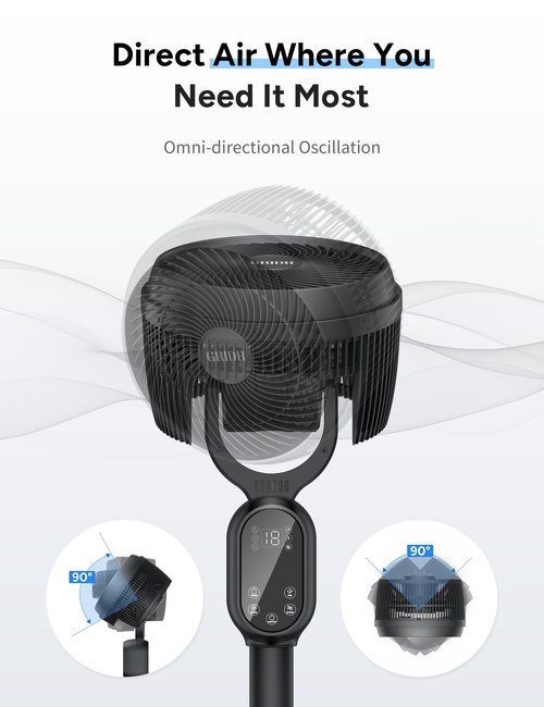 GRIDR Fan For Bedroom, Pedestal Fans 90°+90° Smart Oscillating, Standing Fans for Home 12 Speeds, 4 modes, 12H Timer, Quiet Floor Fan with DC Motor 20dB, 90ft for Room, 22-35'' Adjustable Height