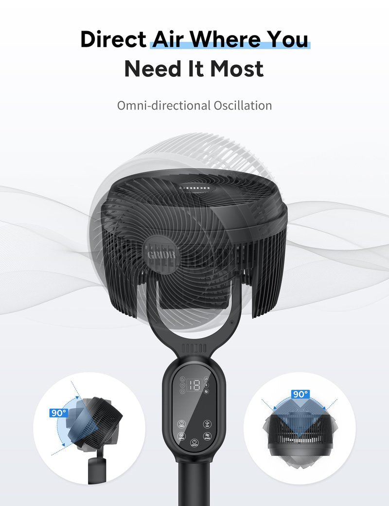 GRIDR Fan For Bedroom, Pedestal Fans 90°+90° Smart Oscillating, Standing Fans for Home 12 Speeds, 4 modes, Quiet Floor Fan with DC Motor 20dB, 12H Timer, 90ft for Room, 22-35'' Adjustable Height