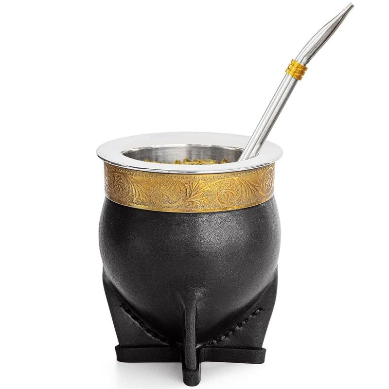 Cuopru Premium Argentina Imperial Yerba Mate Cup with Bombilla Mate (Straw) Set, Baroque Style, Leather Gourd, 304 Stainless Steel Inner (Black)