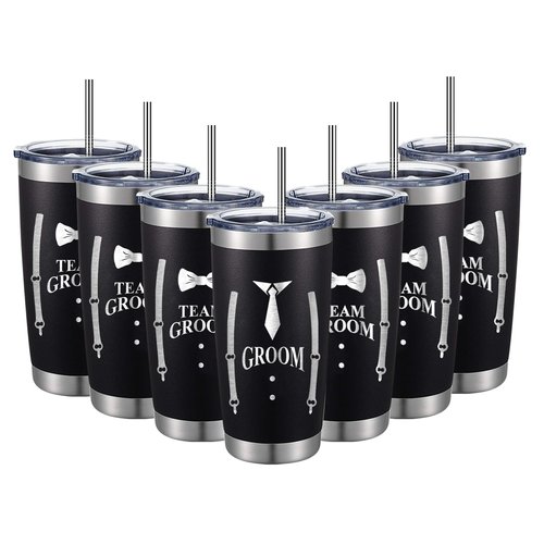 LADY&HOME Groomsmen Gifts Set of 7,Groom and Groomsmen Tumbler with Lid and Straw,20z Stainless Steel Tumbler Cup Vacuum Insulated Coffee Mug for Groomsmen Proposal (Team groom)