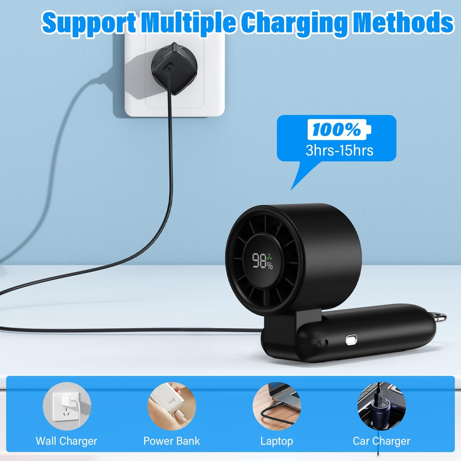 Turbo Fan | 4 in 1 Handheld Portable Mini Fan with 180° Foldable Design & 6-Speed Settings | 5000mAh Battery for 15 Hours of Cooling