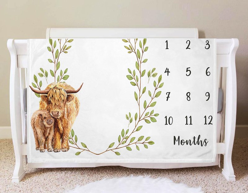 Yuzioey Highland Cow Milestone Blanket, Monthly Growth Chart, Watch Me Grow Nursery for New Moms Baby Shower (50"x40")