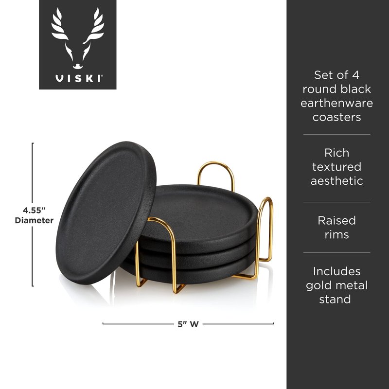 Viski Earthenware Coasters Set of 4 - Ceramic Drink Coasters - Outdoor Coasters for Drinks - Unique Coasters with Gold Stand Black