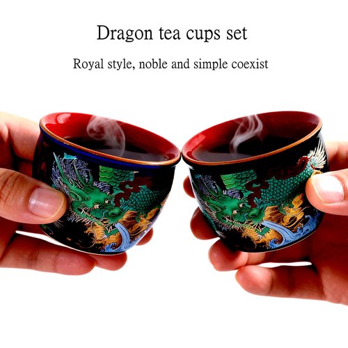 HOHCNA Chinese Enamel Tea Cups Set of 2, Royal Style Dragon Pattern Tea Cups, 4 oz Handleless Traditional Ceramic Teacup for Gongfu Tea Ceremony Art Deco