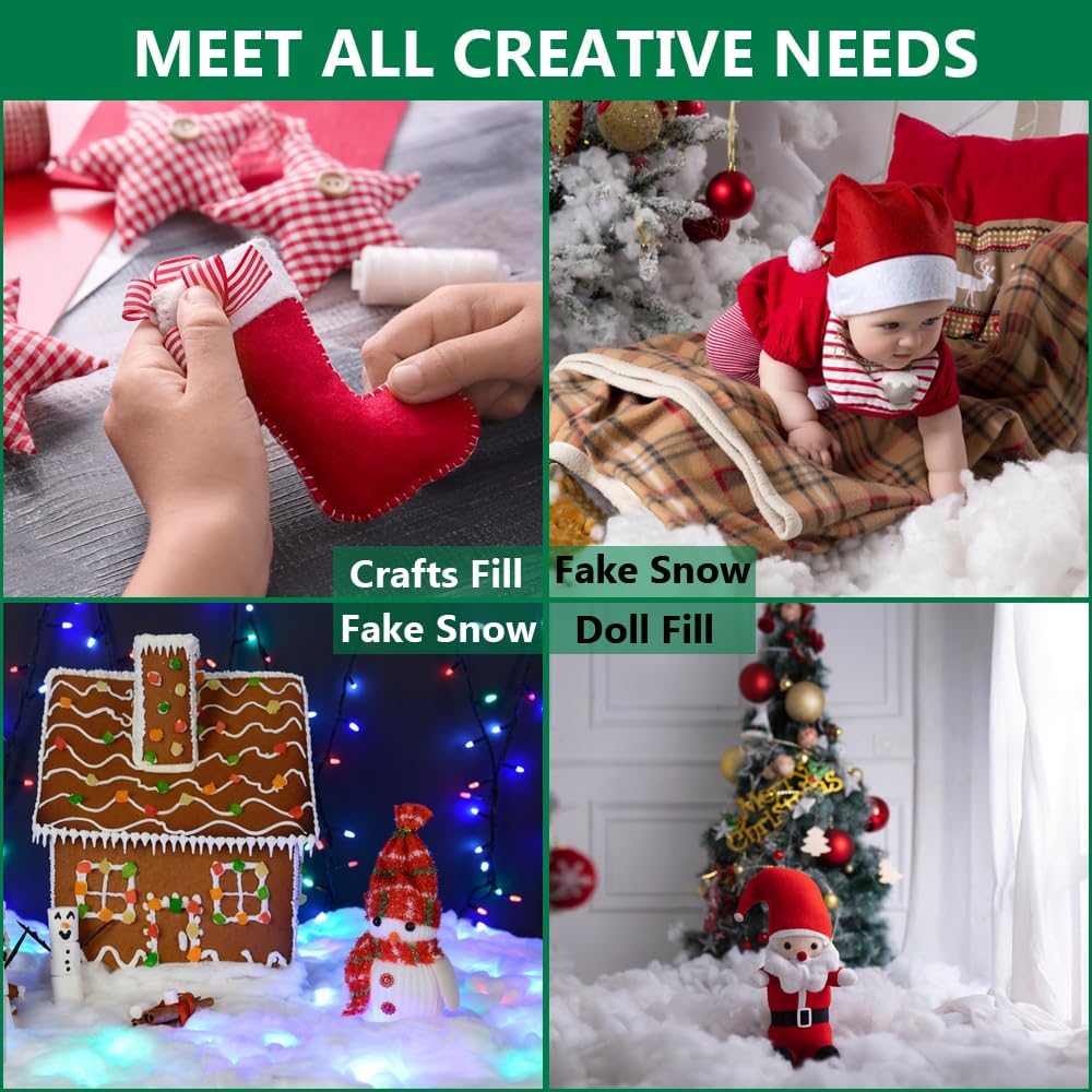 Skiennix Christmas Fake Snow Decor - 1LB Flame-Resistant & Hypoallergenic Artificial Snow Cotton | Easy Fluffing for Holiday Displays