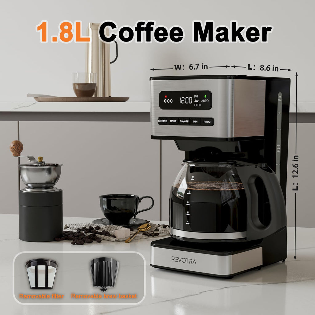 REVOTRA 12-Cup Programmable Coffee Maker, Regular & Strong Brew Drip Coffee Machine, 1-4 Cup and Ice Coffee Setting, 24H Timer, Auto Shut-Off, Keep Warm, Pause & Serve