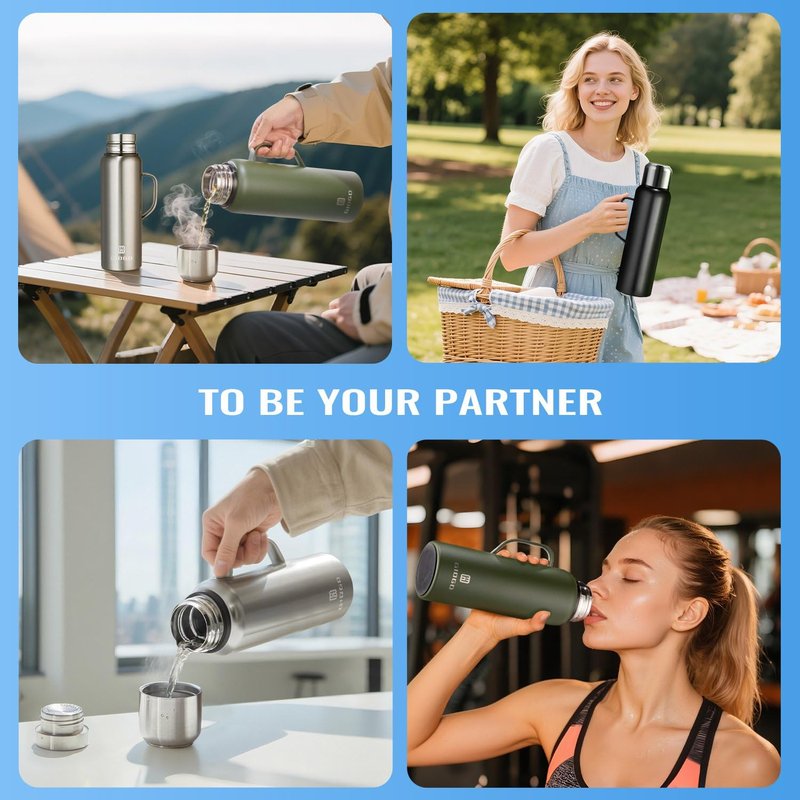 Insulated Vacuum Thermo Bottle 1500ml/50.7oz with Cup Stainless Steel Coffee Bottles for Hot and Cold Drink Water Flask.(Silver, with Handle, 1500ml)