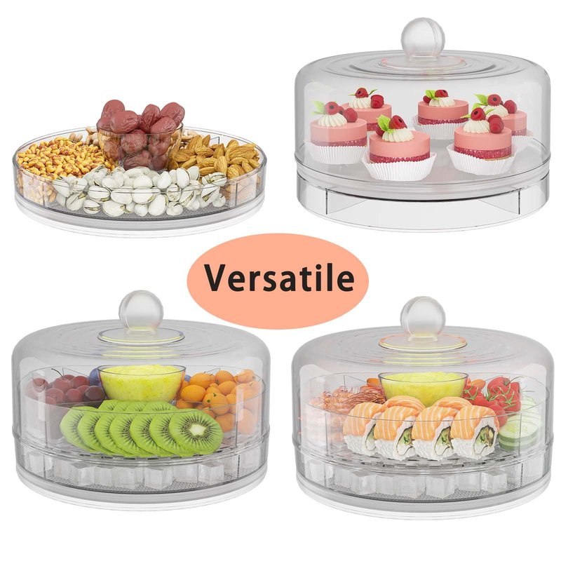 Spormmkuy 360°Rotatable Cake Stand with Dome Lid, 9in Cake Plates, Chilled Divided Veggie Fruit Serving Tray,Multi-Functional Snack Serving Platter with Cover,Lazy Susan Serving Tray