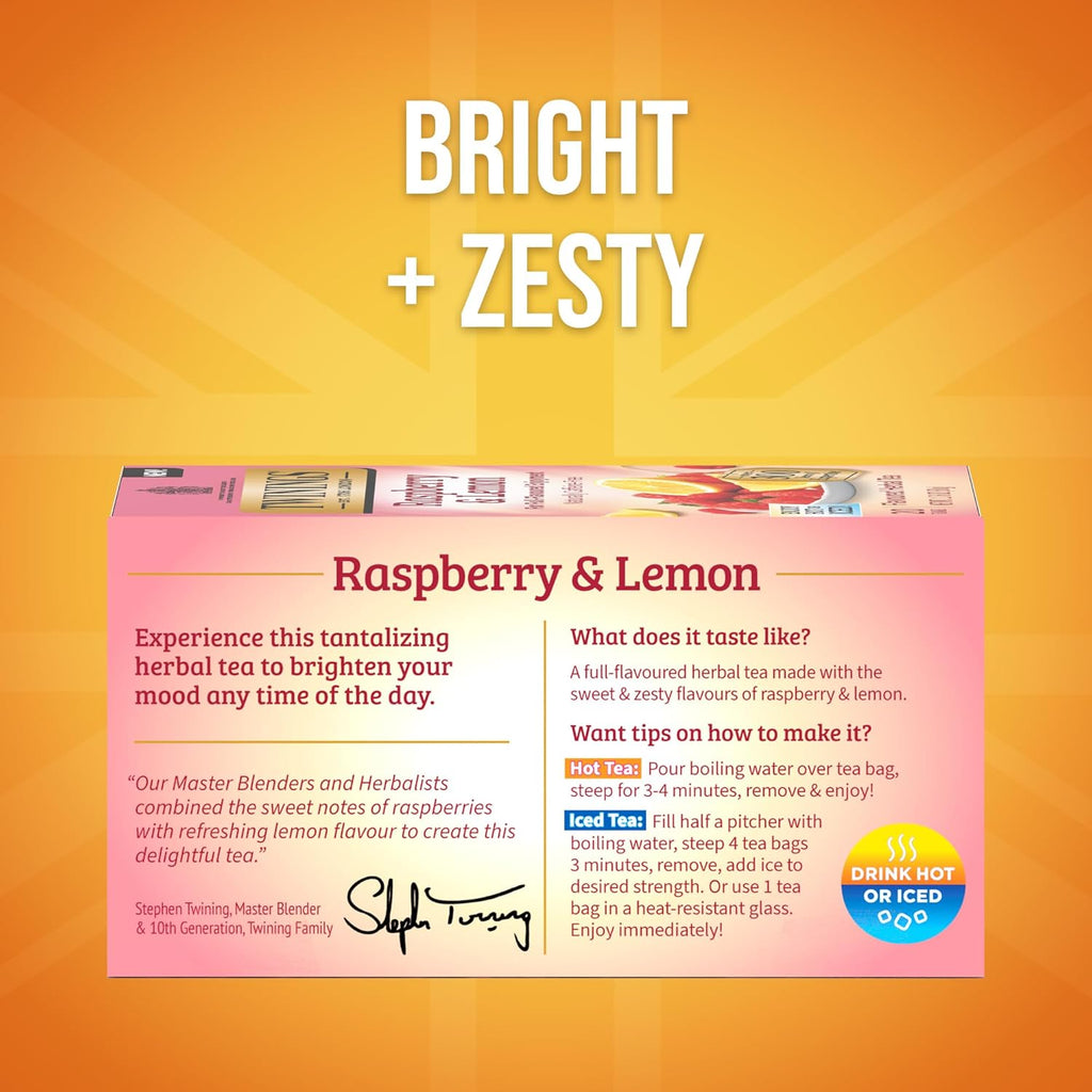 Twinings Raspberry & Lemon Herbal Tea - Refreshing & Fruity, Caffeine-Free, 20 Individually Wrapped Bags