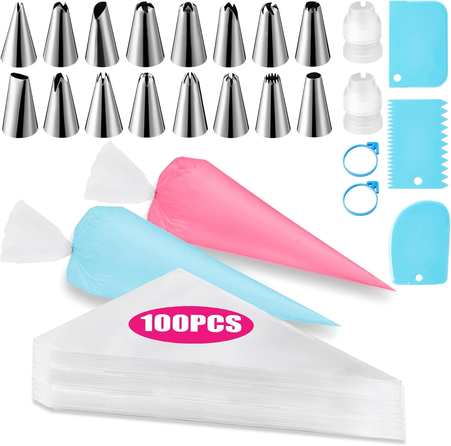 Skiennix Piping Bags and Tips Set - 100pcs 18 Inch Pastry Bags with 16 Tips, 3 Scrapers & More