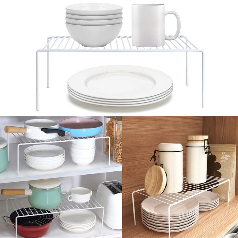 GEDLIRE Kitchen Cabinet Shelf Organizer Set of 2, Large (15.7 x 9.4 inch) Metal Wire Pantry Storage Shelves, Dish Plate Racks for Cabinets, Freezer, Counter, Cupboard Organizers and Storage, White