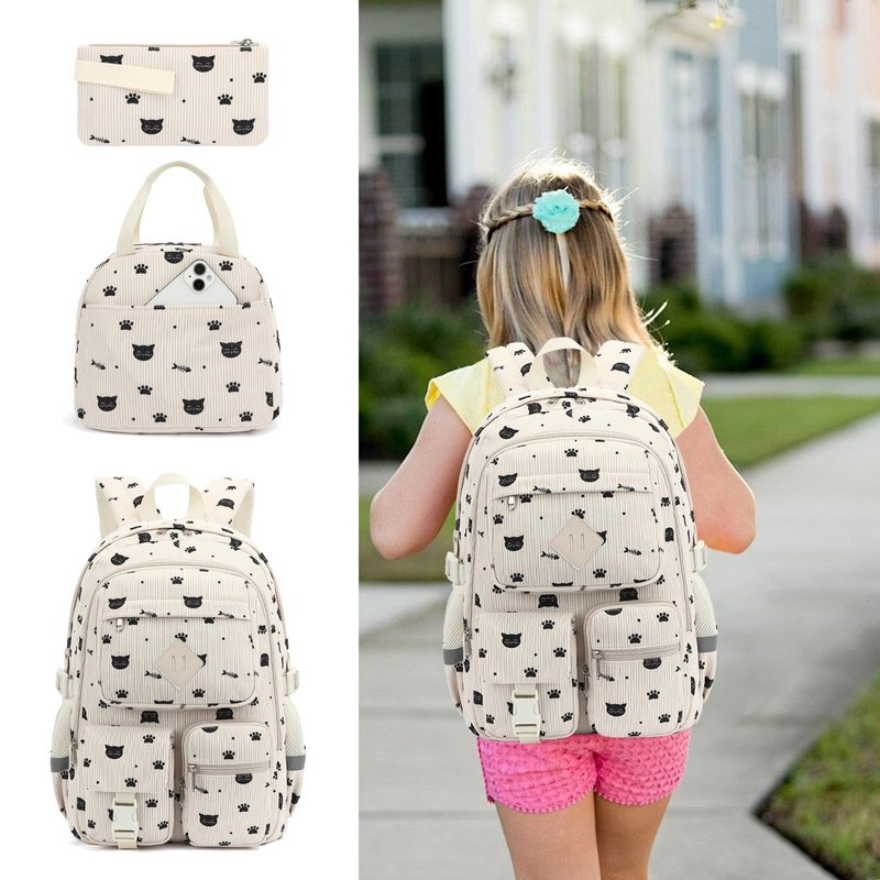Xunteny Corduroy School Backpack for Girls Boys, Kids Teens School Bookbags Schoolbag Set with Lunch Box Pencil Bag (Cat)