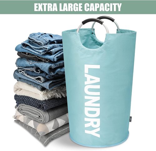 DOKEHOM Large Collapsible Laundry Basket - 82L Freestanding Clothes Hamper in Light Blue