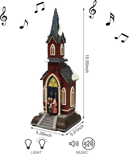 Moments In Time Christmas Village Red Church - LED Lights & 8 Classic Songs | Hand-Painted 15.6” Holiday Decor