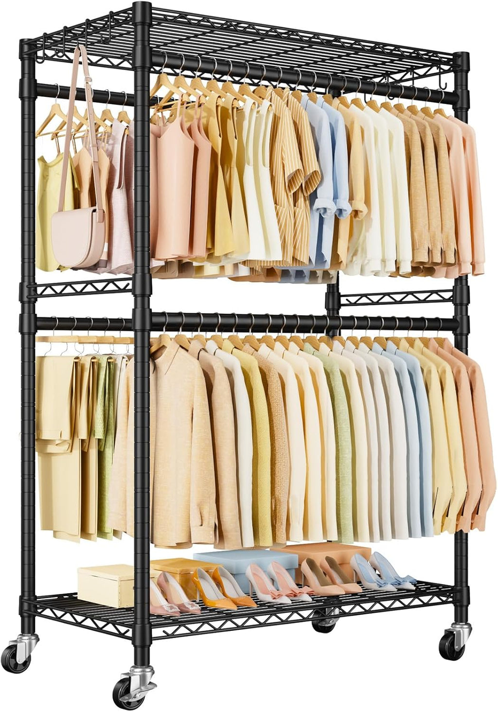 ULIFHOME Heavy Duty Rolling Clothes Rack - Portable Garment Rack with Wheels | 45''W x 20.5''D x 80.5''H, Max Load 570 Lbs, Black