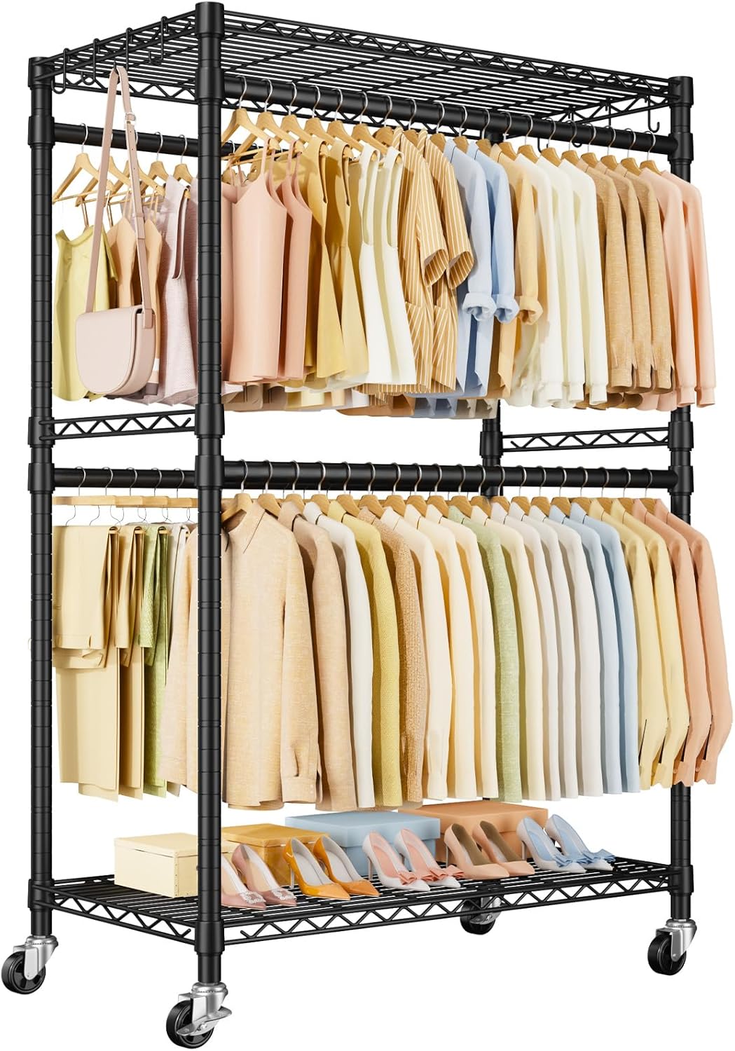 ULIFHOME Heavy Duty Rolling Clothes Rack - Portable Garment Rack with Wheels | 45''W x 20.5''D x 80.5''H, Max Load 570 Lbs, Black