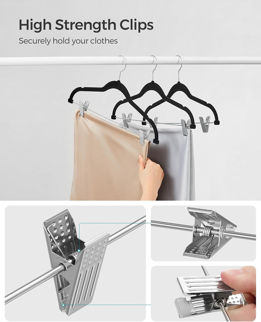 SONGMICS Velvet Pants Hangers - 50-Pack Adjustable Clips, Heavy-Duty, Non-Slip, Space-Saving, Black