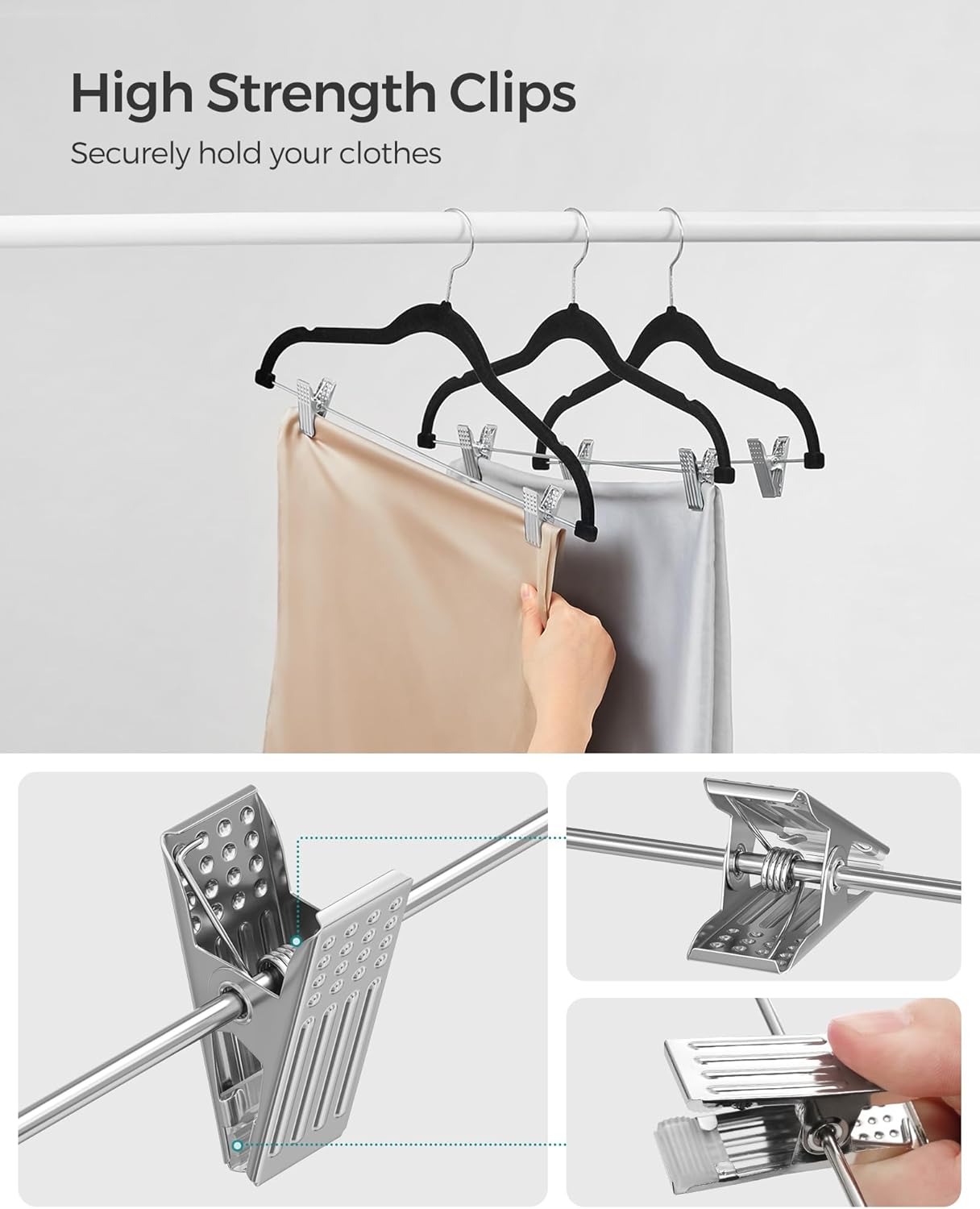 SONGMICS Velvet Pants Hangers - 50-Pack Adjustable Clips, Heavy-Duty, Non-Slip, Space-Saving, Black