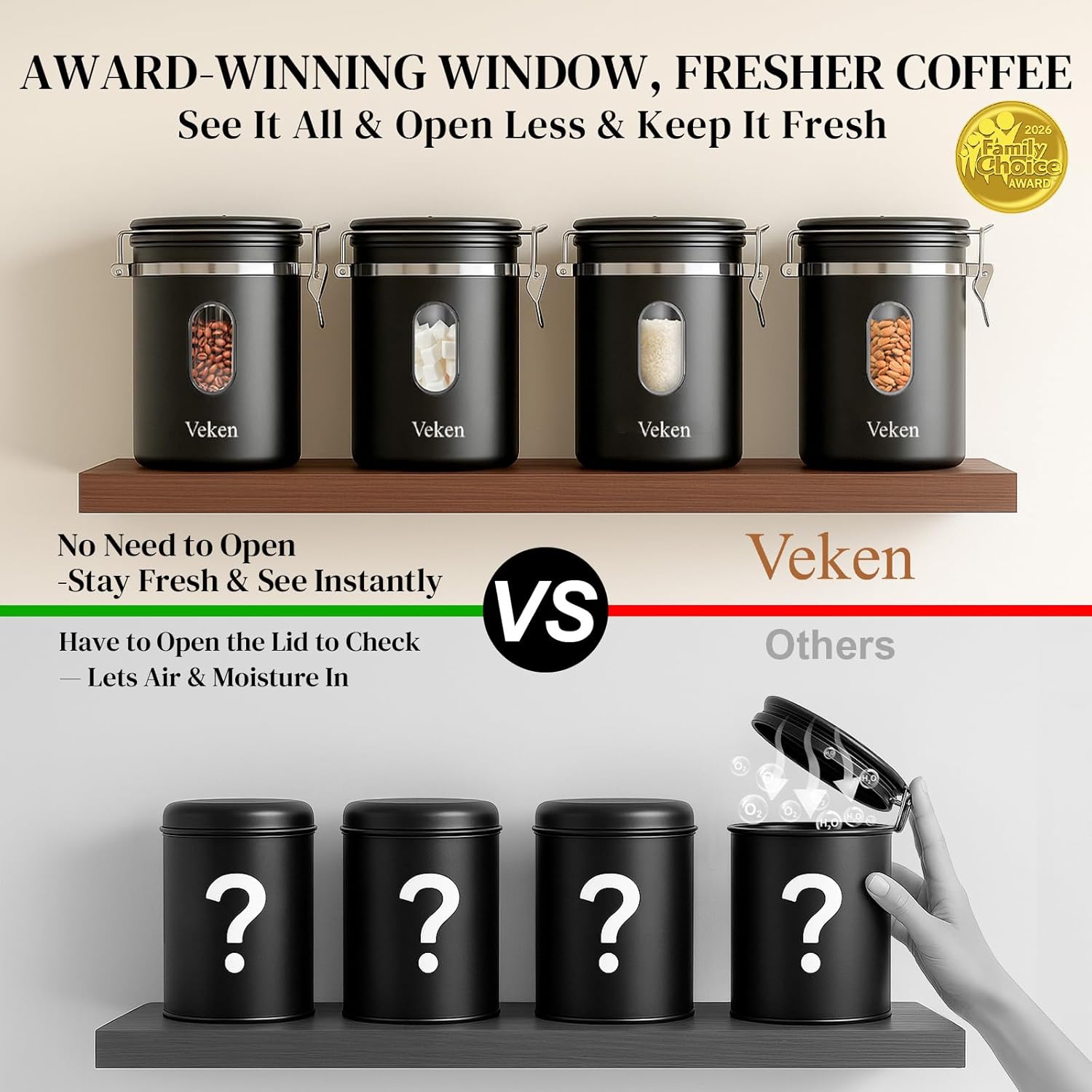 Veken Coffee Canister - Airtight Stainless Steel Storage Container with Window | 22oz Black for Coffee, Tea, and More
