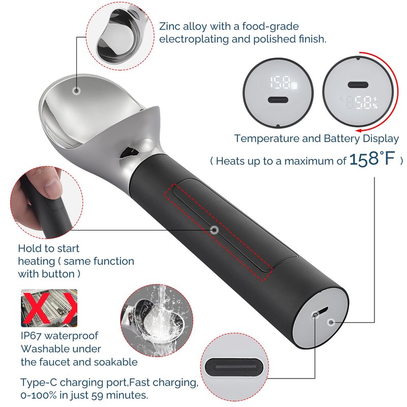 Heated Ice Cream Scoop Rechargeable, Electric Warming Ice Cream Scooper with LED Display, Heats to 158°F for Hard Ice Cream, Easy for Seniors & Kids, IP67 Waterproof (Black, 2 oz)