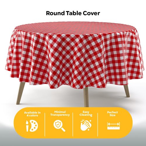 Exquisite Picnic Table Cover - 48 Pack Premium Round Plastic Tablecloth - Red & White Checkered BBQ Table Cover - Gingham Checkerboard Disposable Plastic Tablecloth 84 inch Round