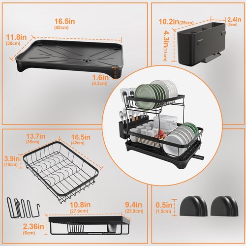 HOMEBOSILY Dish Drying Rack Two-Tier Drying Rack with Utensil Holder, Auto-Draining Dish Rack for Kitchen Counter, Large Capacity for Plates, Bowls, Cups, Dish Drainer with Drainboard, Black