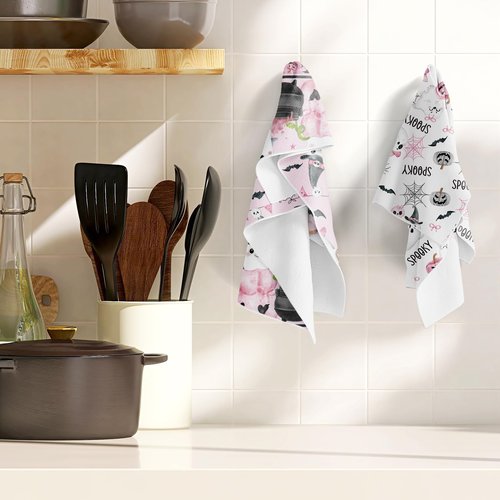 InIsaJace Pink Halloween Kitchen Dish Towels, 4PCS Pumpkin Cute Ghost Boo Hand Tea Towels Set, Spooky Halloween Kitchen Bathroom Holiday Decor Supplies