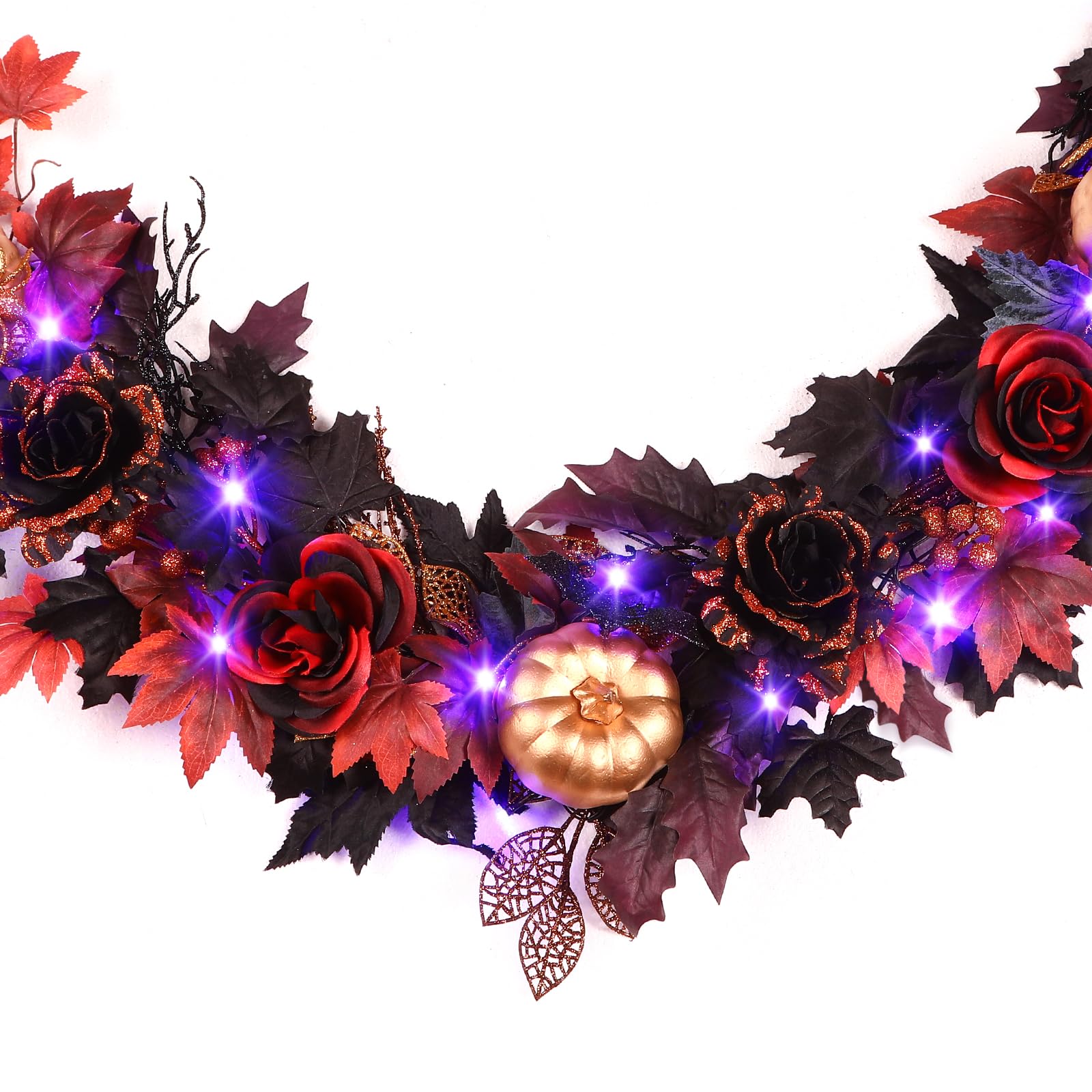 SHareconn 2 Pcs 6FT Halloween Garland with Purple Lights Battery Operated and Timer, Pre-Lit Black Red Maple Leaves Lighted Garland Decorations for Fireplace Mantle Centerpiece Indoor Outdoor Decor