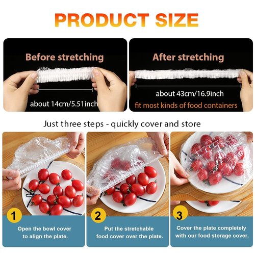 200PCS Plastic Bowl Covers Reusable, Thicken Food Covers Elastic Bowl Covers for Bread Proofing, Picnic Leftover Covers Stretch Plastic Cover Food for Family Outdoor Picnic