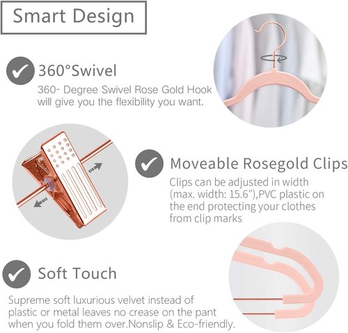 MIZGI Premium Velvet Pants Hangers - Non-Slip Clips for Skirts & Dresses | Blush Pink, Pack of 20