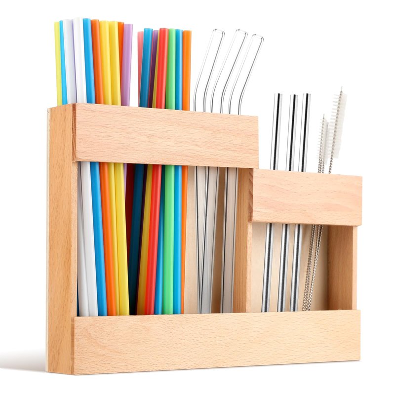 Reusable Wooden Straw Dispenser Organizer with 2-Sided Adhesive - Cabinet & Countertop Storage for Metal/Glass Straws, Compatible with Long & Short Straws