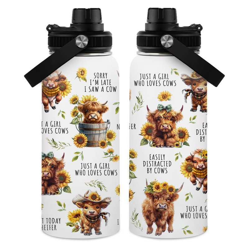 WWHSAI Highland Cow Water Bottle 32oz, Cow Gifts for Woman for Cowgirls, Farming Gifts for Female Farmers for Cowgirl, Highland Cows Tumbler Floral Gift Travel Insulated Stainless Steel Coffee Cup