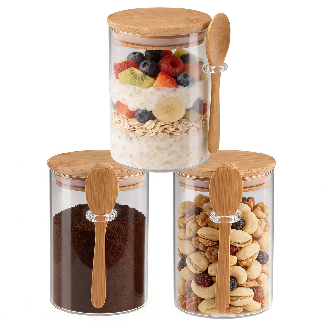 Set of 3 Airtight Glass Jars with Bamboo Lids and Spoons - 20oz Decorative and Durable Borosilicate Glass Canisters Perfect for Storing Coffee Beans,Tea,Flour,Sugar,Nuts,Candy,Bath Salts and More
