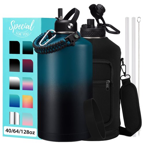 Large Insulated Water Bottles 1 Gallon - Water Jug with Strap Carrier Bag, Straw & Spout Lid, Paracord Handle, Bottle Boot, Big Metal Water Flask Stainless Steel Canteen, 128oz Insulated Water Bottle