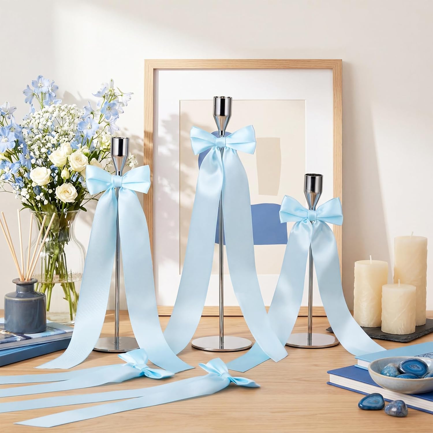 Teenyyou 12 Pcs Light Blue Candlestick Bows - 13 Inch Large Coquette Table Decor for Weddings & Events